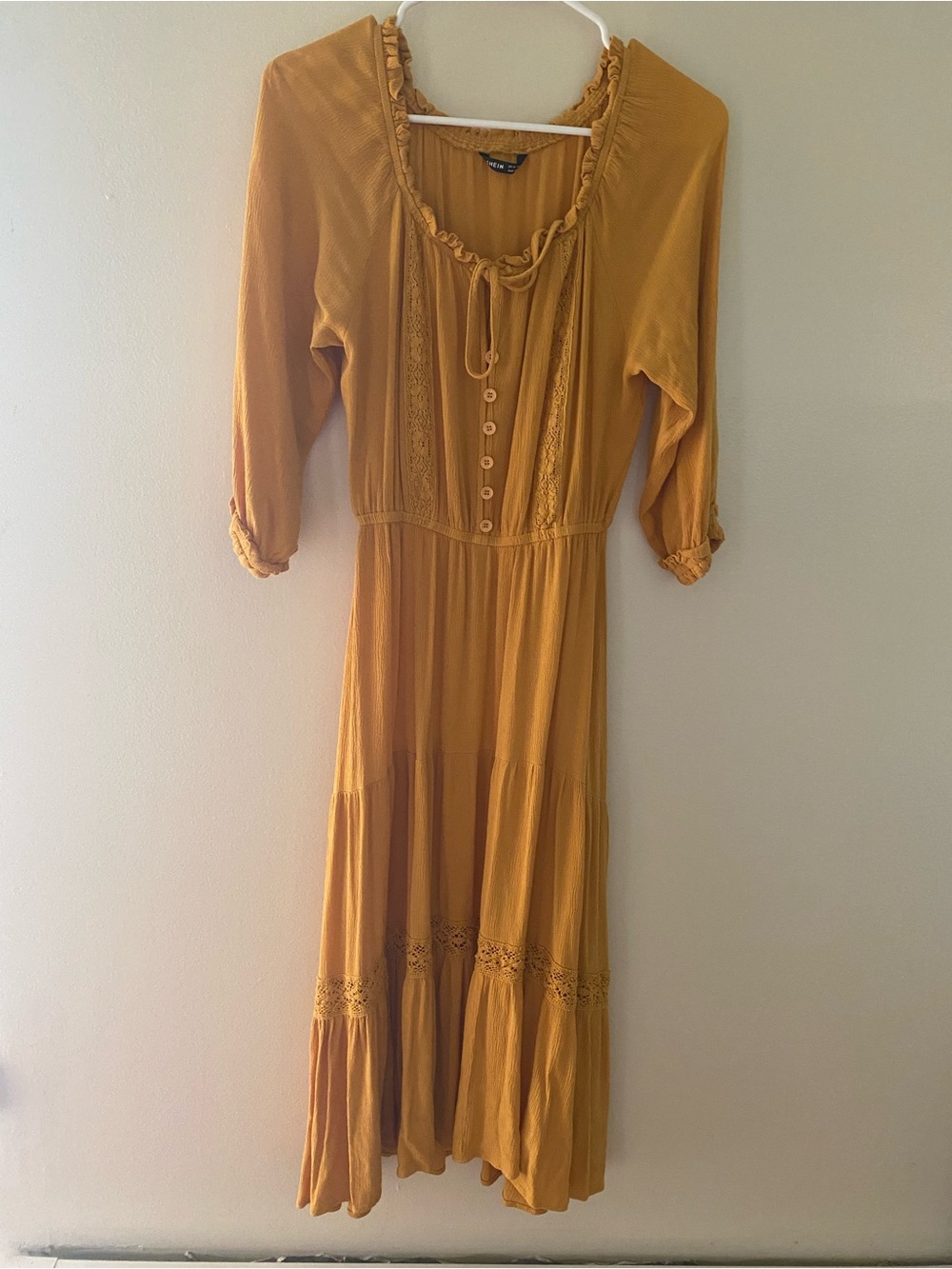 SHEIN Mustard Yellow Tiered Maxi Dress with Ruffle Neck